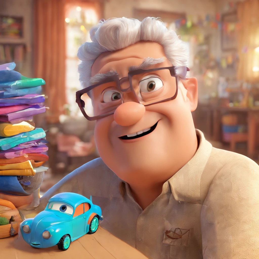 Create a Disney Pixar-inspired poster with the character being Jose Claudio Costa, A white-haired man wearing glasses, the scene will be in Pixar's distinctive digital art style. Focus on character expressions, Vibrant colors and detailed textures present your animations, with the title "Success Stories - Vllume 2" in the middle, Quero a cena dos principais filmes do PIXar