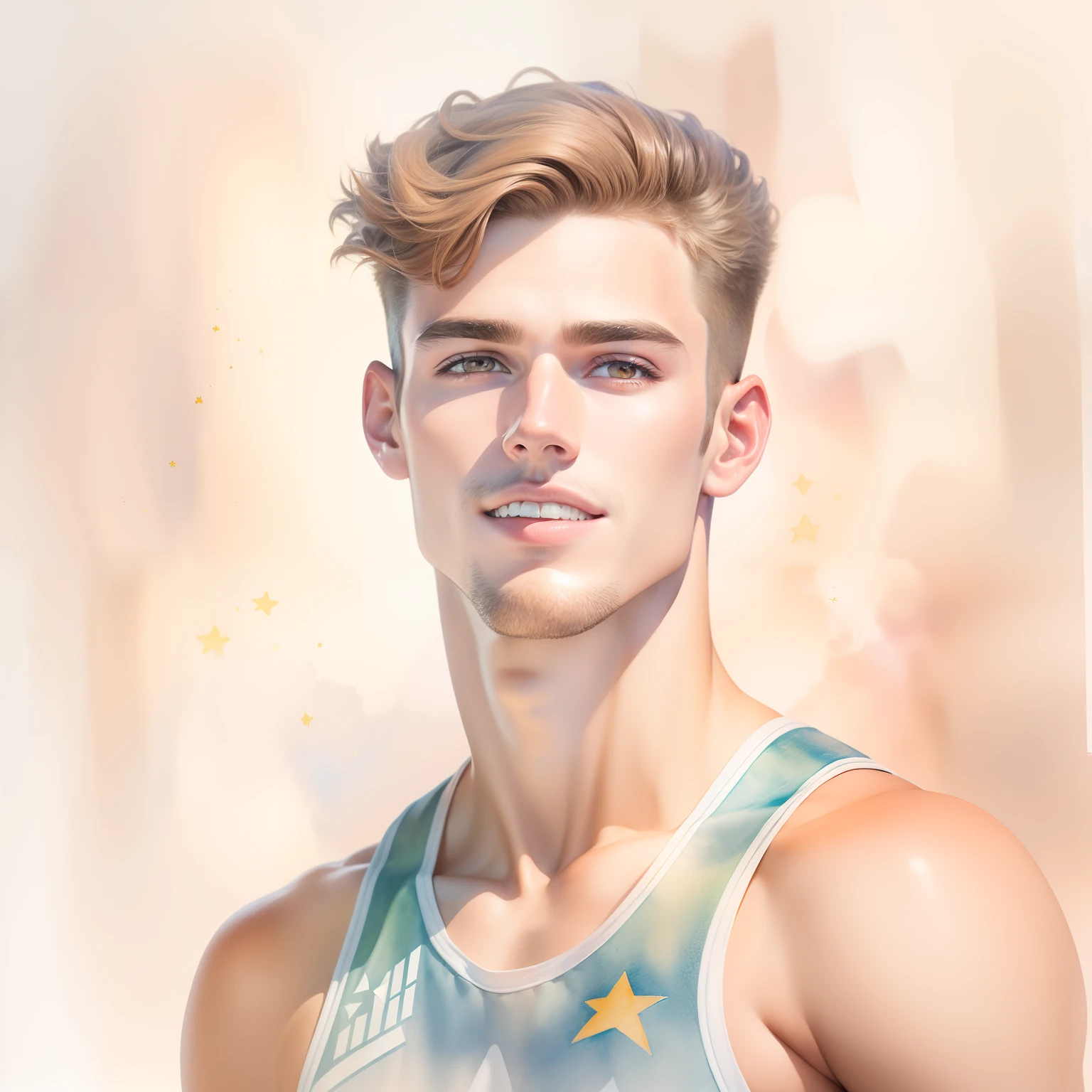 (a watercolor and pencil drawing of an incredibly handsome 25-year-old athlete with short light brown hair, um peito largo e cintura estreita vestindo um fio dental feminino de renda carmesim vibrante) full-body image viewed from a low angle