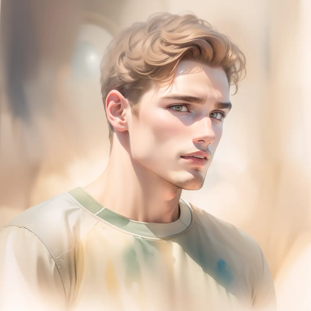 (a watercolor and pencil drawing of an incredibly handsome 25-year-old athlete with short light brown hair, um peito largo e cin...