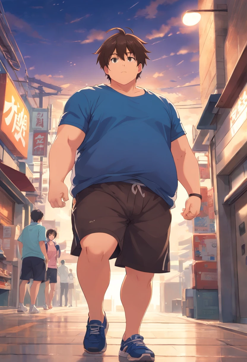 A man walking down a street in a blue shirt and black shorts - SeaArt AI