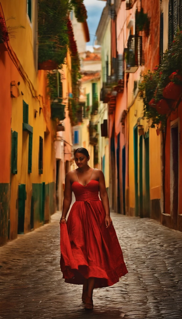 Arafed woman in a red dress walking down a narrow street - SeaArt AI