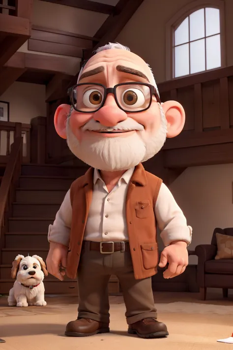 40-year-old bald man, bald, with a low beard and glasses accompanied by a furry white Lhasa Apso dog. Make an image in Disney Pixar style. Maintain characteristics of the Photo. high quality, best quality. Make image size 2000 pixels wide vs 1000 pixels hi...