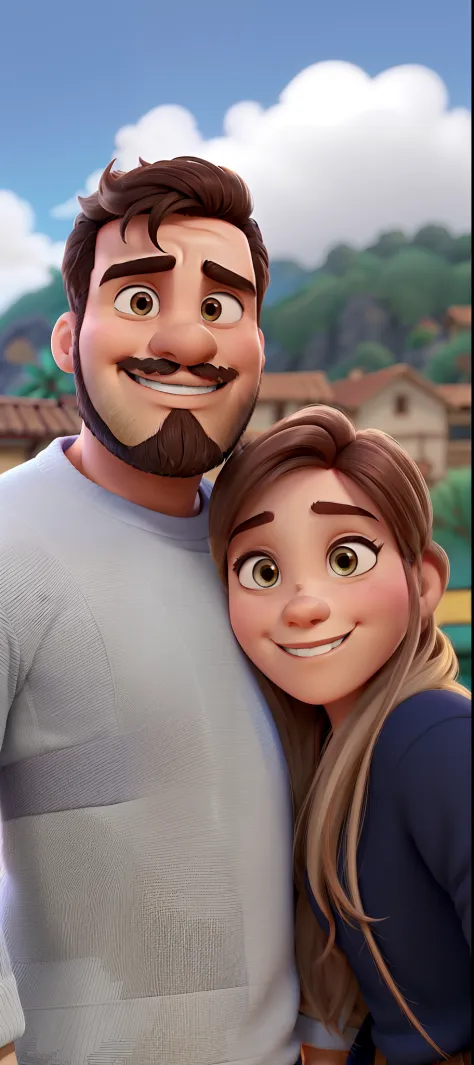 casal homem com barba rala e mulher cabelos loiro sorridente estilo Disney Pixar, alta qualidade, melhor qualidade