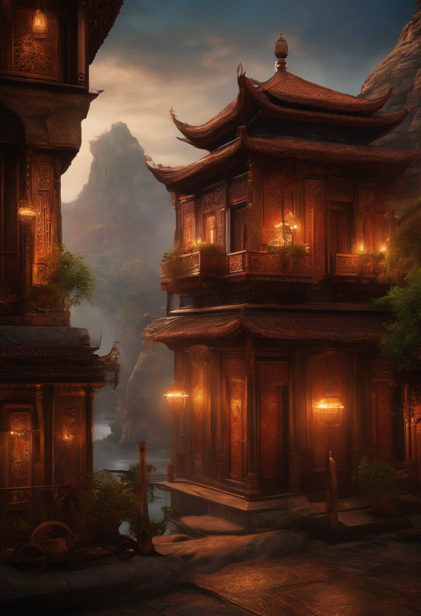 (best quality), garota,Fundo detalhado oriental, Paisagem urbana oriental, Steampunk, Miko