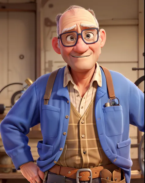 An old bald mechanic, With eye Glasses, e roupa azul.