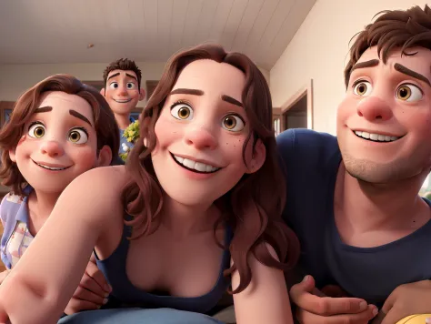 Family, a man, a woman and two children, a boy and a girl, Disney pixar style
