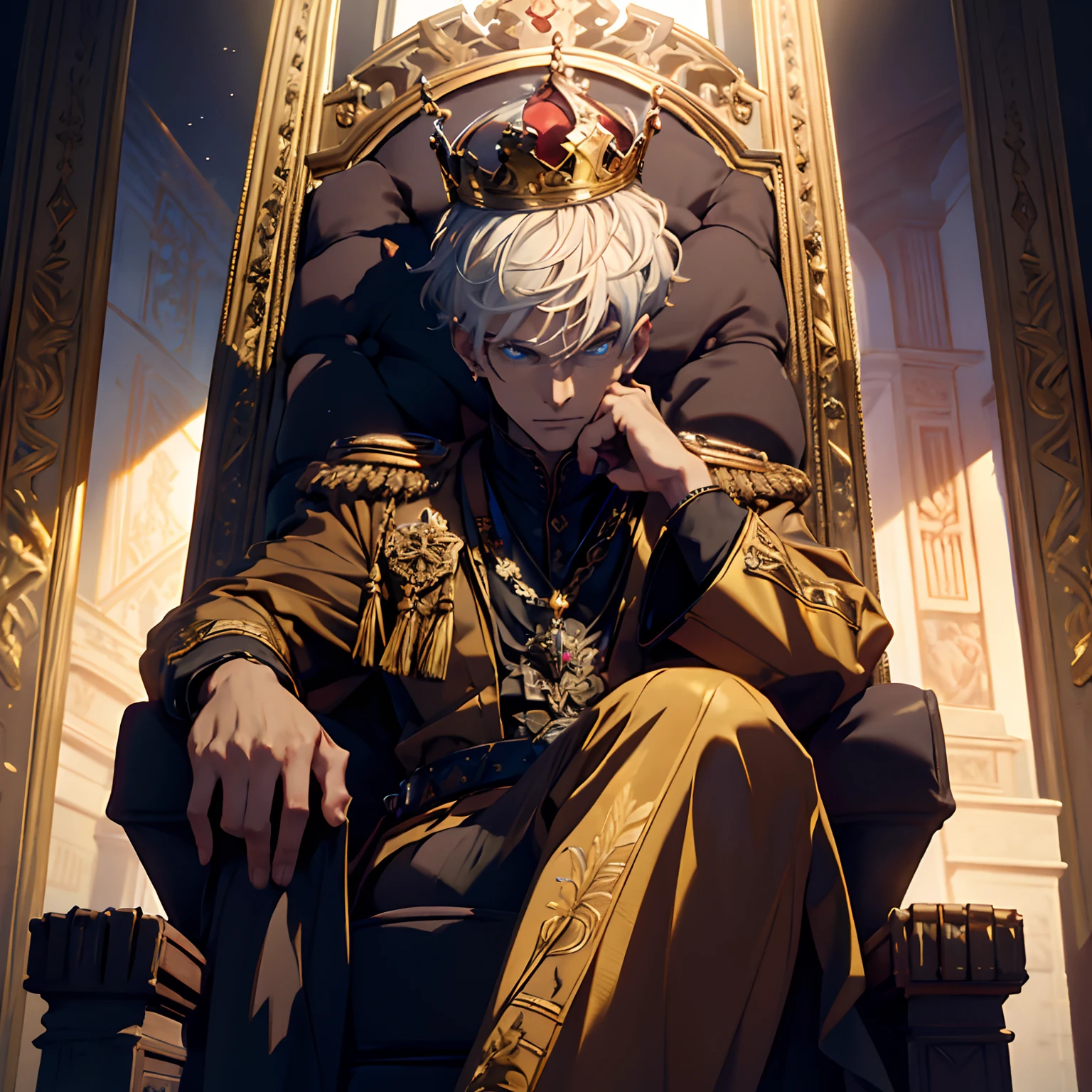 (A boy with a crown, throne, sitting, white hair, posing like a tyrant king, blue eyes), oil painting, regal background, detailed crown, intricate throne, vibrant colors, dramatic lighting, ultra-realistic details, high resolution, majestic presence, royal attire, intense gaze, aged facial features, intricate jewelry, confident posture, dominant expression, intricate patterns, elaborate tapestries, grand atmosphere, dark shadows, elaborate gold accents, authoritative aura.