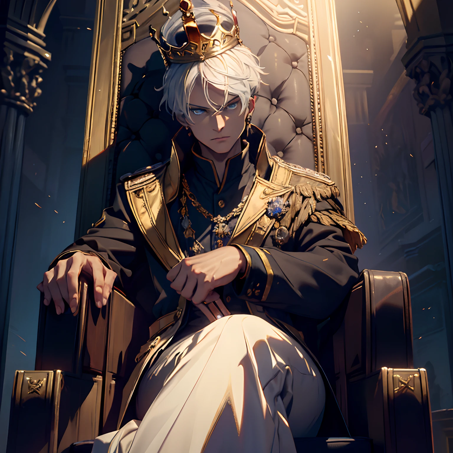 (A boy with a crown, throne, sitting, white hair, posing like a tyrant king, blue eyes), oil painting, regal background, detailed crown, intricate throne, vibrant colors, dramatic lighting, ultra-realistic details, high resolution, majestic presence, royal attire, intense gaze, aged facial features, intricate jewelry, confident posture, dominant expression, intricate patterns, elaborate tapestries, grand atmosphere, dark shadows, elaborate gold accents, authoritative aura.