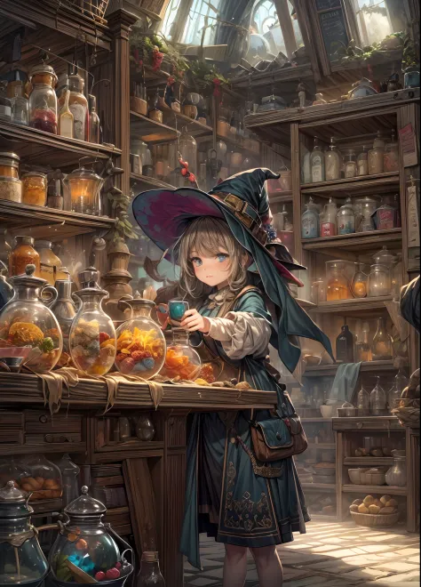 masterpiece, concept art, centered, panoramic, Potion store interior, mythical, fantasy theme, 1girl as a storekeeper, witch, cu...