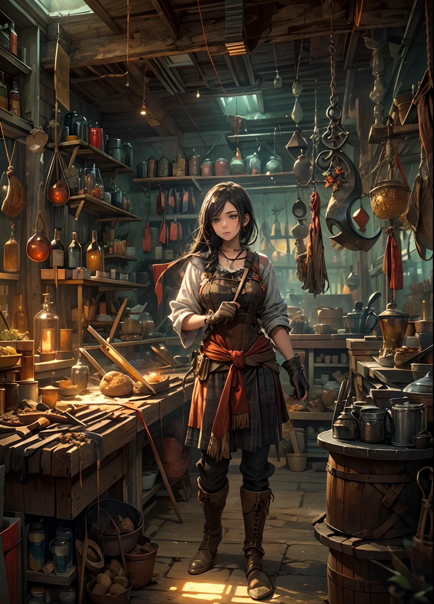 masterpiece, concept art, medium shot, panoramic, blacksmith weapon store interior, weapon variety hanged in wall, mythical, fantasy theme, 1girl as a blacksmith, storekeeper, behind counter, blacksmith outfit, sexy, cute, cozy, atmospheric, (epic composition, epic proportion, highly detailed), HD, vibrant color,