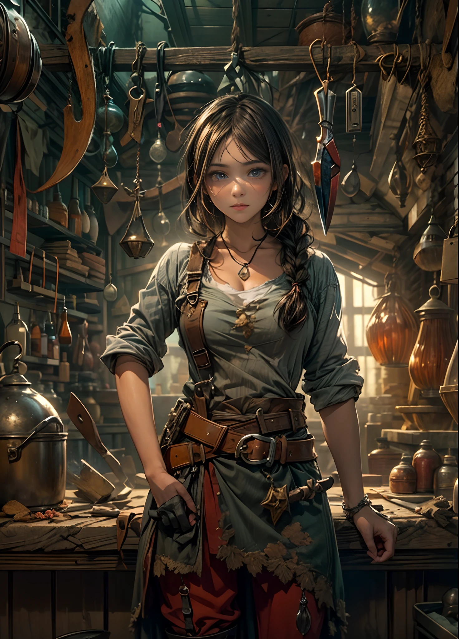 masterpiece, concept art, medium shot, panoramic, blacksmith weapon store interior, weapon variety hanged in wall, mythical, fantasy theme, 1girl as a blacksmith, storekeeper, behind counter, blacksmith outfit, sexy, cute, cozy, atmospheric, (epic composition, epic proportion, highly detailed), HD, vibrant color,