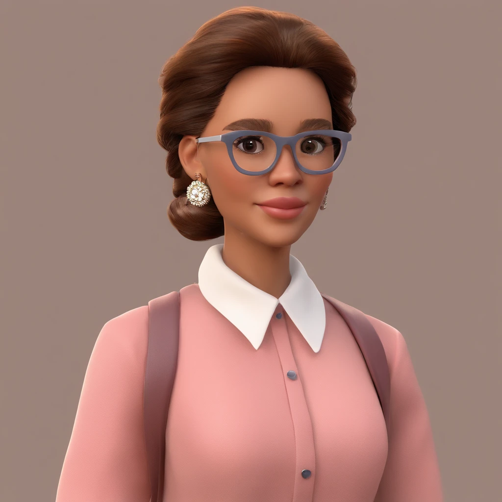 crie imagem estilo pixar de uma mulher jovem gordinha. cabelo muito longo castanho liso. olhos castanhos claros. wearing pink wool blouse and white shirt collar showing. beige Oxford style jeans and shoes. small pearl earrings. square silver glasses strolling in a historic town in the North of France