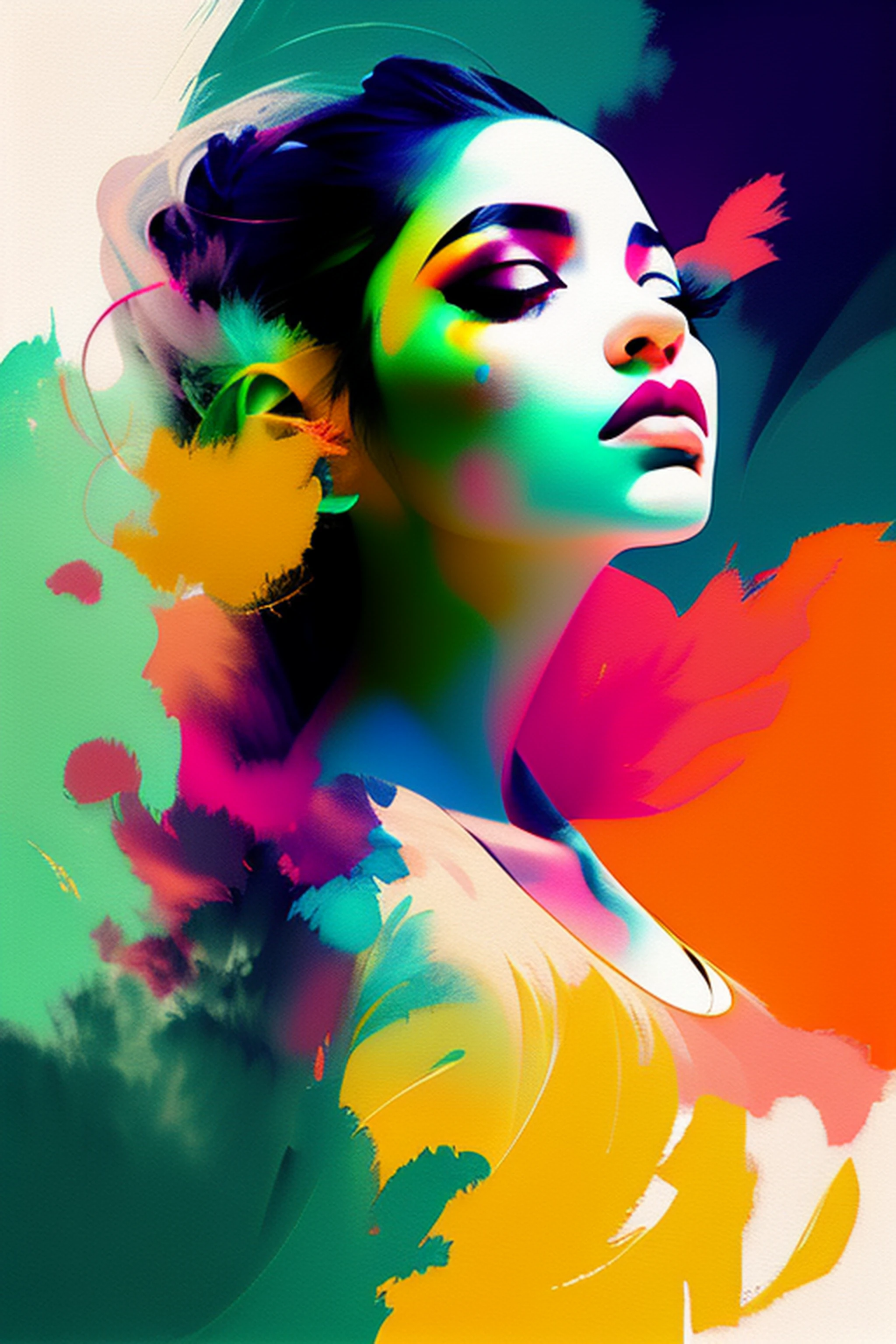 Colorful abstract ink art forming a woman, white background, Romantic lighting, sub-surface Scatterring, sheen, Art of painting Alberto Seveso, light colors