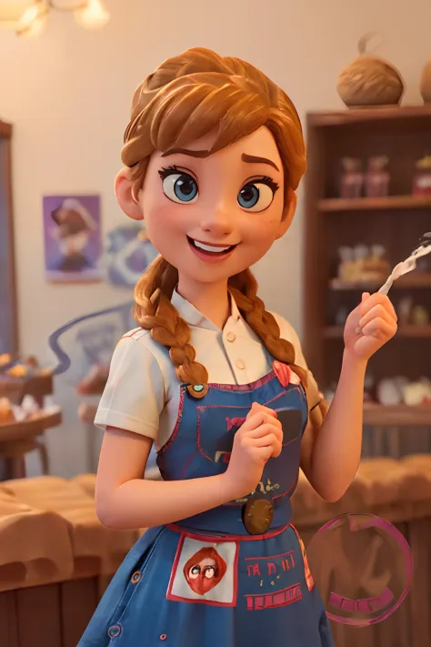 (Pixar-style poster of a cute girl seen from the front in a white chef's uniform, Smiling and showing a decorated medium cake. playful face, (com cabelos castanhos lisos, pele de mulher de meia idade, queixo pequeno, queixo curto. expression of laughter, e...
