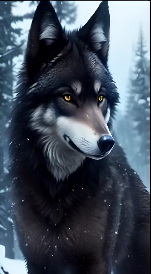 A closeup of a wolf standing in the snow near trees, foto de lobo, Lobo Negro, Angielobo, lobo, grande lobo, lobo cinzento escuro, lobo peludo, retrato do lobo da fantasia, Ele tem olhos de lobo amarelos, Lobo cinzento escuro O'Donnell, lobo, retrato do lo...