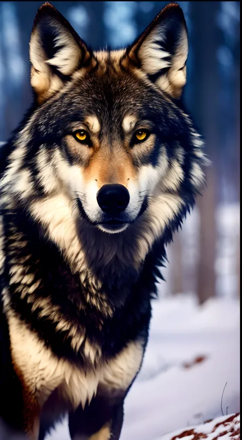 There's a wolf that's standing in the snow, foto de lobo, retrato do lobo, lobo, Ele tem olhos de lobo amarelos, Angielobo, Retrato de um lobo, grande lobo, retrato do lobo da fantasia, alpha wolf head, lobo hiper detalhado - como o rosto, wolf head, portr...