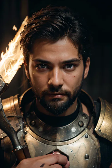 make a male angel with a beard and in golden armor with a flaming sword in his hand at night in a chaotic urban area, (high detail: 1 1), rough face with beard, natural skin, high quality, looking at camera, NSFW , Beautiful eyes, (detailed face and eyes),...