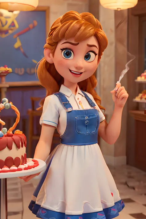 (Pixar-style poster of a cute girl seen from the front in a white chef's uniform, Smiling and showing a decorated medium cake. playful face, (com cabelos castanhos lisos, pele de mulher de meia idade, queixo pequeno, queixo curto. expression of laughter, e...