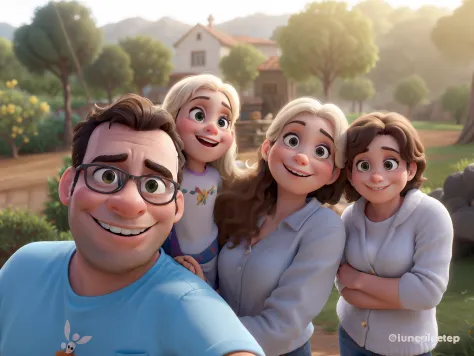 Obra-prima, de melhor qualidade, estilo Pixar com um homem, uma menina, uma mulher loira e um menino.