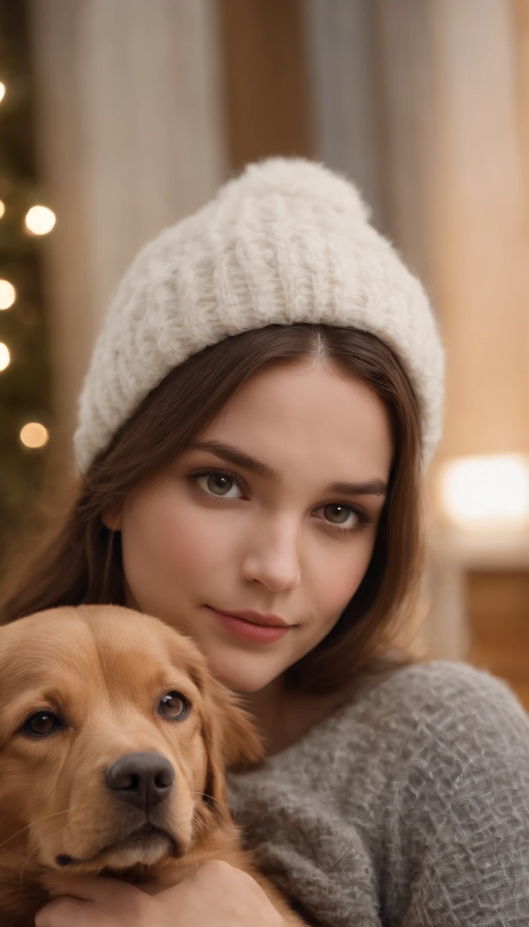 uma menina e seu cachorro na sala de estar, noite de inverno aconchegante, Divirta-se, fotografia muito realista, detailed facial expressions, olhos realistas, no watermark, canon photography, 50 millimeters