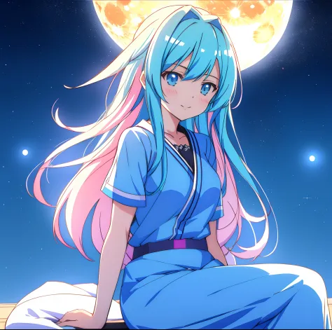 Niji style,day,anime coloring,cell shading,masterpiece, best quality,detailed,cinematic composition, cinematic lighting,1girl,solo,star,moon ,blue theme sitting