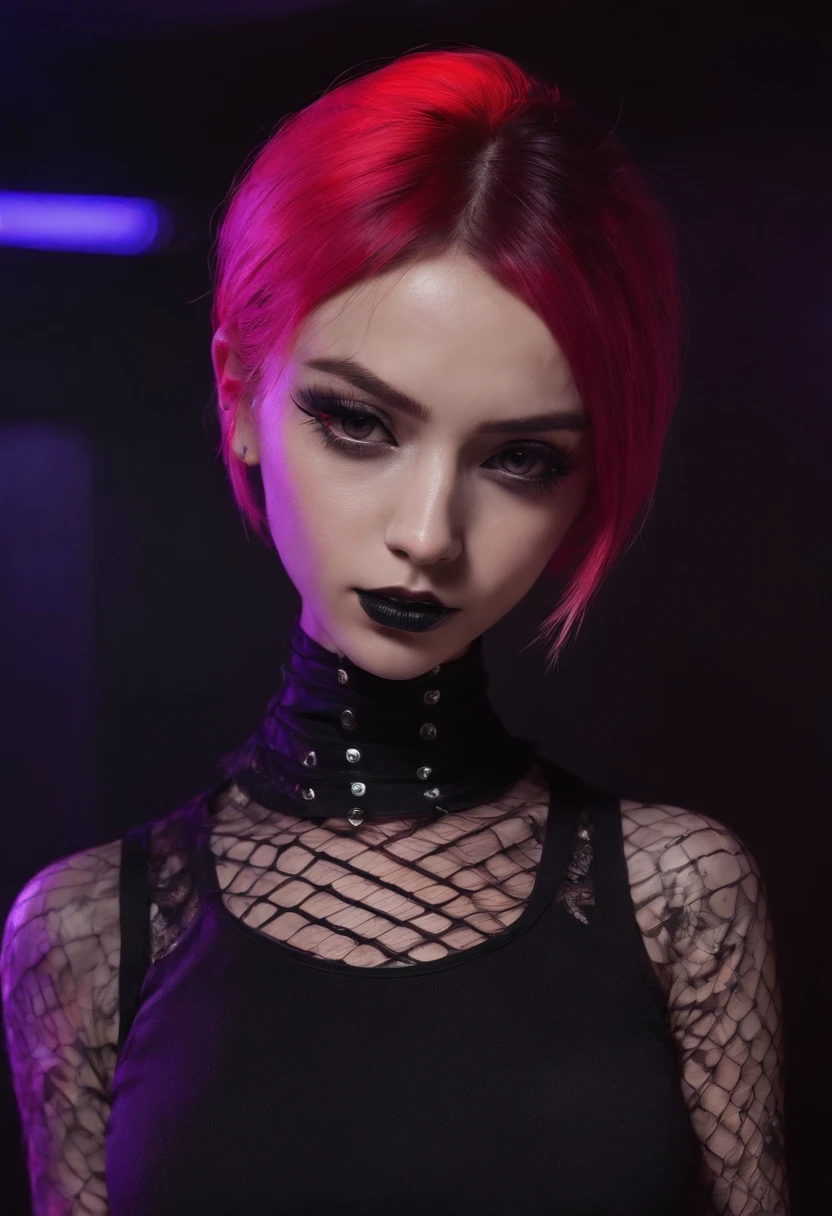 Punk woman wearing a black fishnet top posing for a photo in a club at night, night club lights, black make-up, techno aesthetic, techno fashion, red neon lights, ultra detailed, masterpiece.