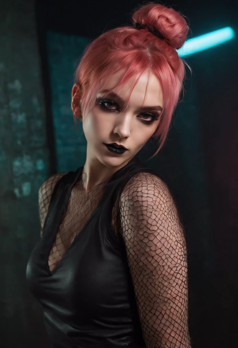 Punk woman wearing a black fishnet top posing for a photo in a club at night, night club lights, black make-up, techno aesthetic, techno fashion, neon lights, ultra detailed, masterpiece.