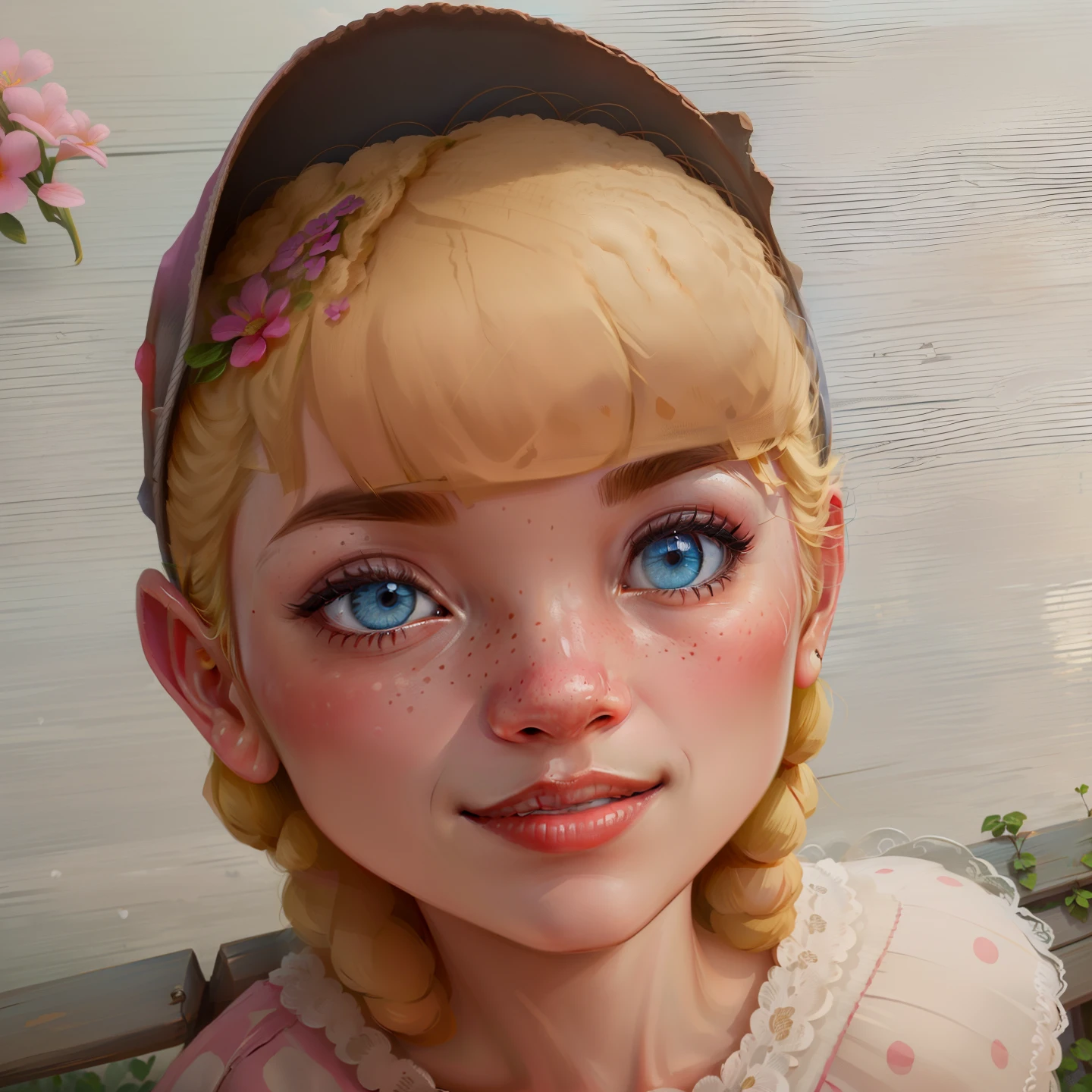 (BoPeepWaifu:1), smile, cute, cute pose, looking at viewer, thick thighs, :D, (pink dress, long skirt, polka dot, headwear:1.2), from above,
(realistic:1.2), (realism), (masterpiece:1.2), (best quality), (ultra detailed), (8k, 4k, intricate),(full-body-shot:1),(Cowboy-shot:1.2), (85mm),light particles, lighting, (highly detailed:1.2),(detailed face:1.2), (gradients), sfw, colorful,(detailed eyes:1.2),
(detailed ladscape, farm, fence, plants, flowers, sheeps:1.2),(detailed background),detailed landscape, (dynamic angle:1.2), (dynamic pose:1.2), (rule of third_composition:1.3), (Line of action:1.2), wide shot, daylight, solo,