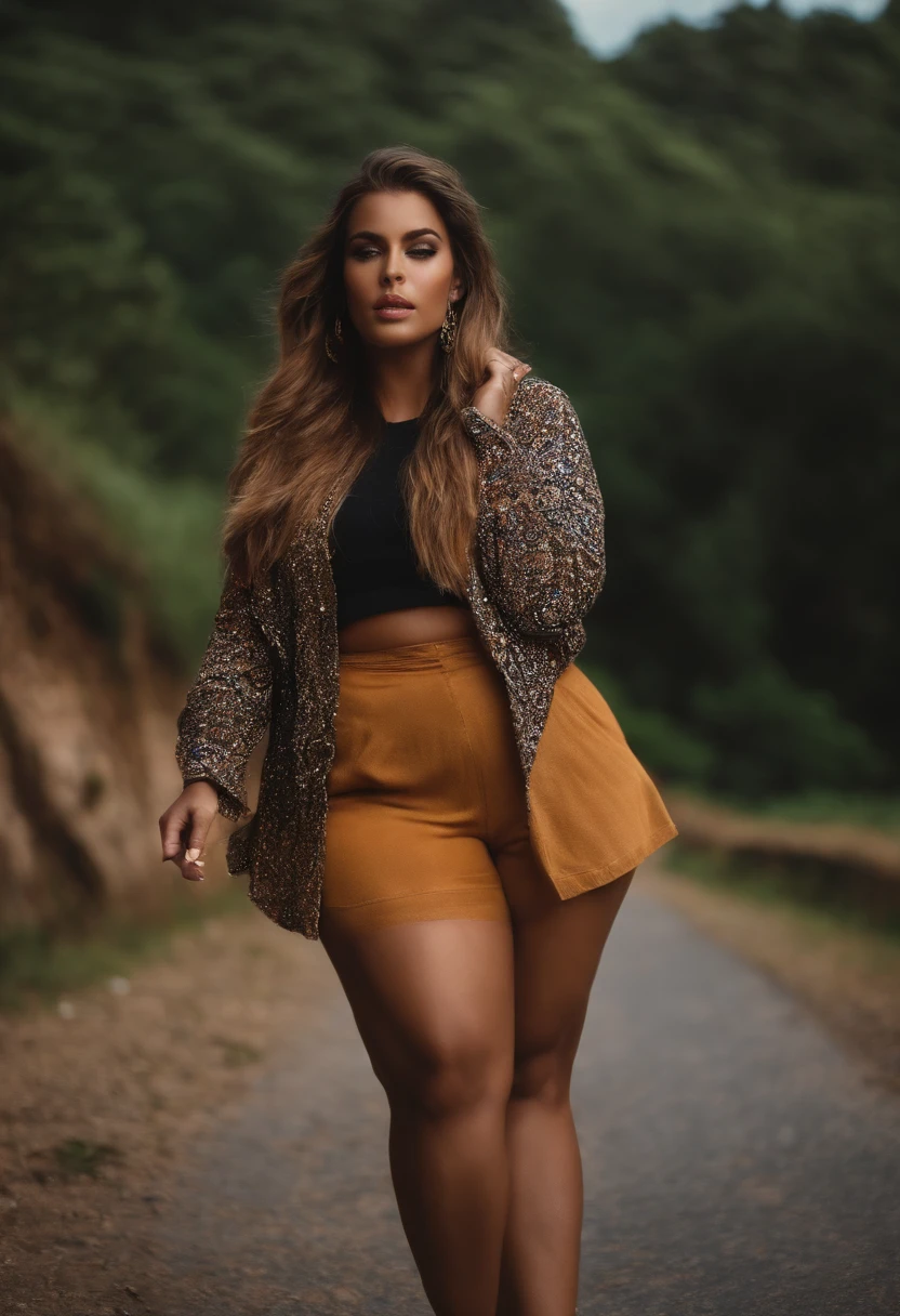 A woman in a leopard jacket and mustard shorts walking down a road - SeaArt  AI