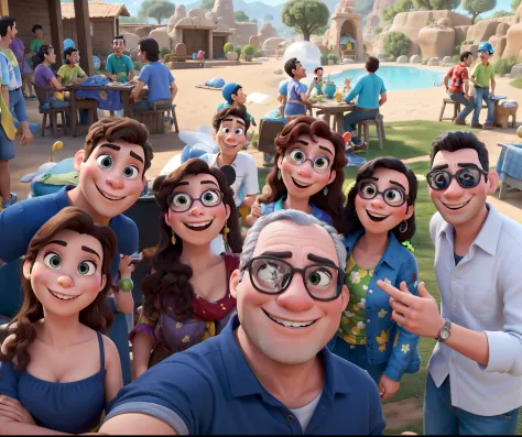 Obra-prima ao estilo Disney/Pixar in high quality and high resolution. Amigos reunidos e felizes em uma festa