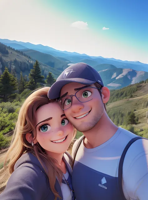 there are two people taking a selfie on a mountain top, with mountains in  the background, at the top of a mountain, on a mountain, on the top of a  mountain 