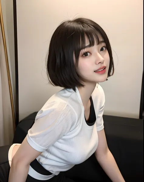 zydG, 1girl, More skin, Look at viewers, brown-eyed, (Shorthair with bangs:1.2), (huge tit:1.0), (Areola:0.8), cparted lips, 牙, a smile,
(Photorealsitic:1.4), (Top image quality:1.0), (超A high resolution:1.0), 8K, RAW Photography, (​masterpiece:0.2), (spor...