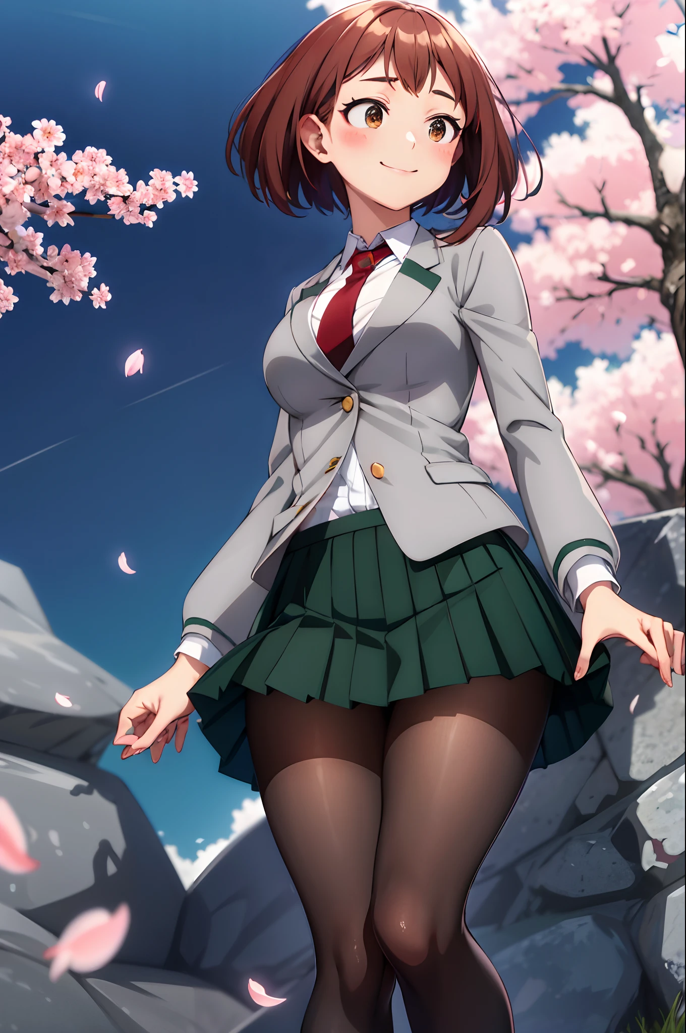 masterpiece, best quality, highres, hmochako, blush stickers, short hair, medium breasts. , green skirt, pleated skirt, red necktie, black pantyhose, white shirt, long sleeves, grey jacket, reaching out, smile, cherry blossoms, outdoors, cowboy shot, medium breasts, up skirt panties, showing panties, blush, sexy, athletic body