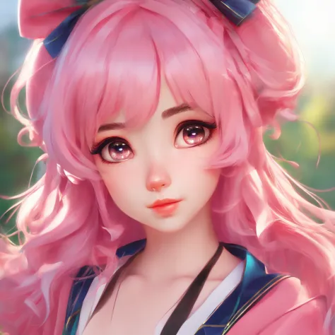 Anime girl with pink hair and a bow in her hair, kawaii retrato realista, Guweiz, portrait of magical young girl, personagem bonito, estilo de arte bonito, anime moe artstyle, character art of maple story, retrato bonito, retrato bonito da menina do anime,...