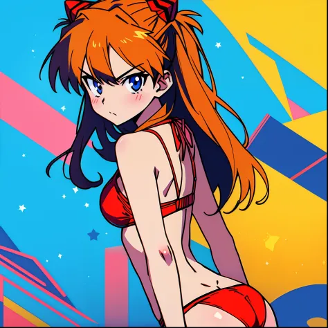 Niji style, masterpiece, best quality,solo, souryuu asuka langley,standing, v-shaped eyebrows,lookind at viewer,red bikini