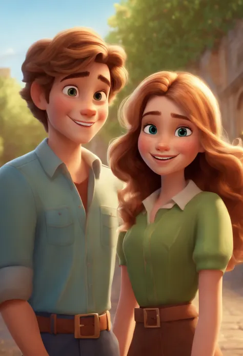 image of two 16 year olds, a girl with brown eyes, green blouse, long brown hair with blonde highlights, smiling, along with a boy with blue eyes, short brown hair, white blouse. pixar style