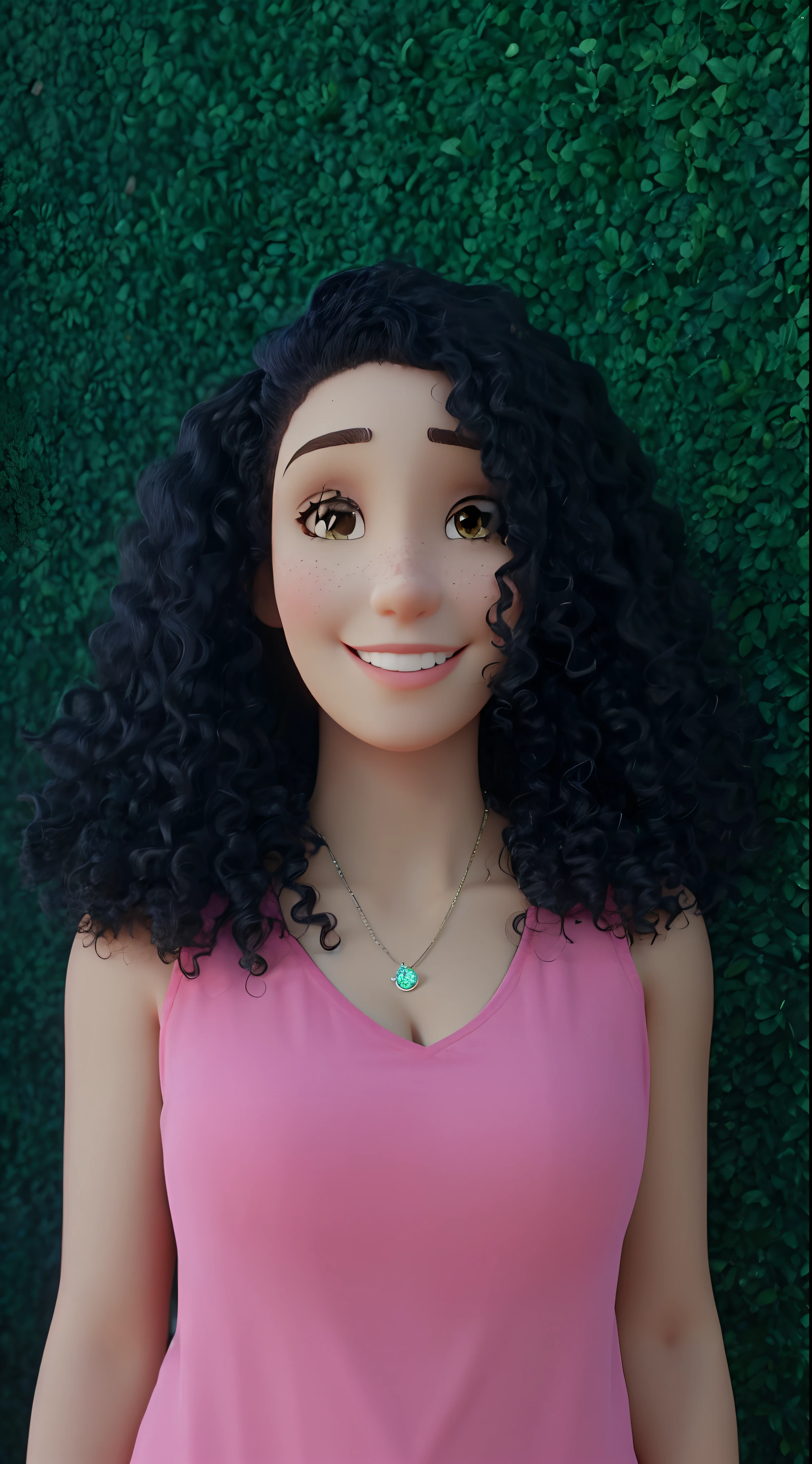 A close up of a doll with a pink top and black curly hair - SeaArt AI