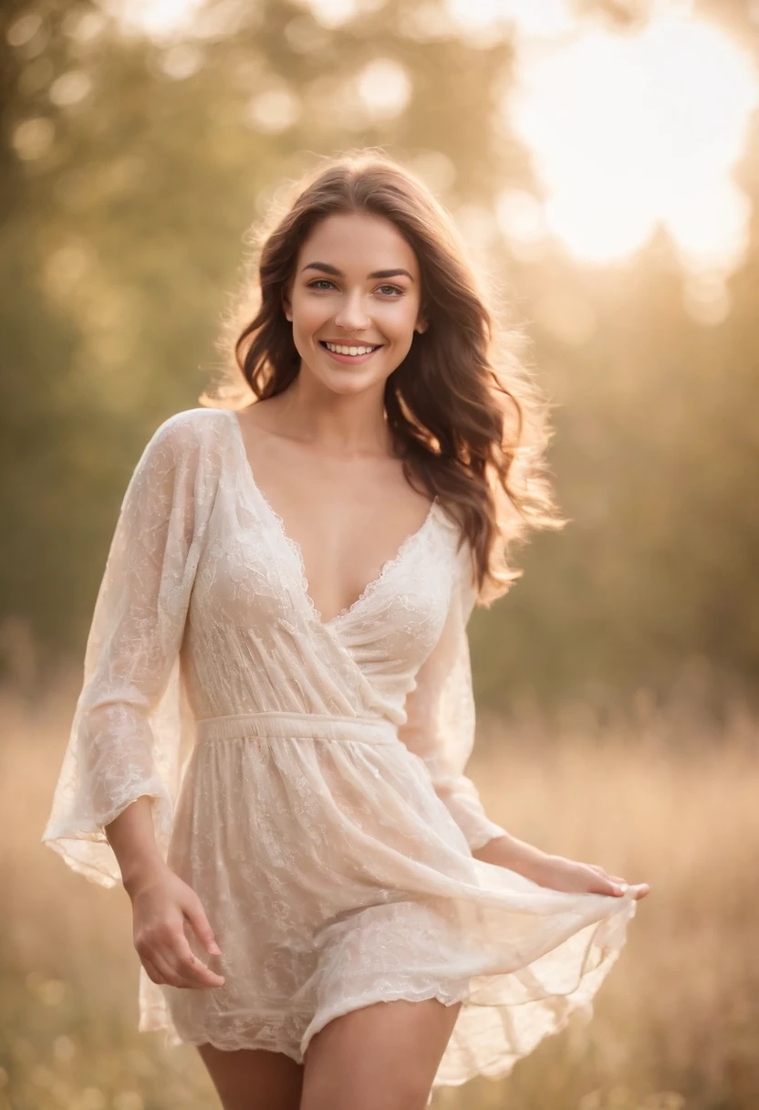 A woman in a white dress is walking through a field - SeaArt AI