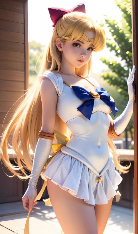 arafed woman in a costume posing for a picture, sailorvenus、A sexy、Beautiful facial features、Ayaka Cosplay, the sailor galaxia. ...