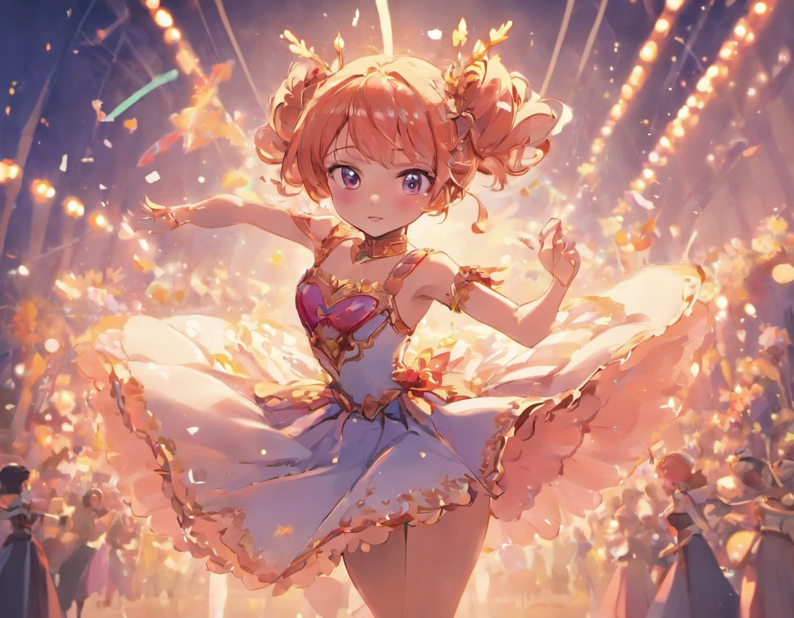 Anime girl in a dress dancing in a dance studio surrounded by confetti -  SeaArt AI