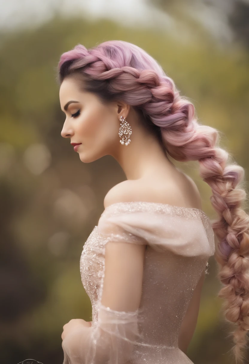 A woman with long pink hair wearing a dress and earrings - SeaArt AI