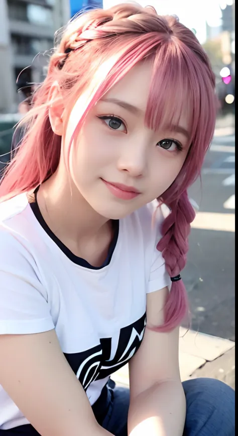 女の子1人、Shibuya、natta、A city scape、city light、The upper part of the body、up close shot、Blue eyes,Full body,faces、(A smile:1.5)、small tits、Band T-shirt、(8K、Raw photography、top-quality、​masterpiece:1.2)、(realisitic、photoRealstic:1.37), (Pink hair), Ear Hair, s...