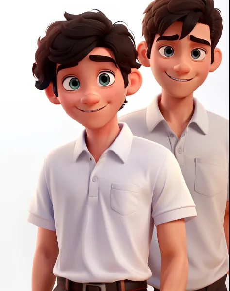 make a Pixar styled 3d man with short black hair and light skin,  wearing a white polo shirt in 3 different pose, isolated, in white background, smile, very detailed face, beauty eyes