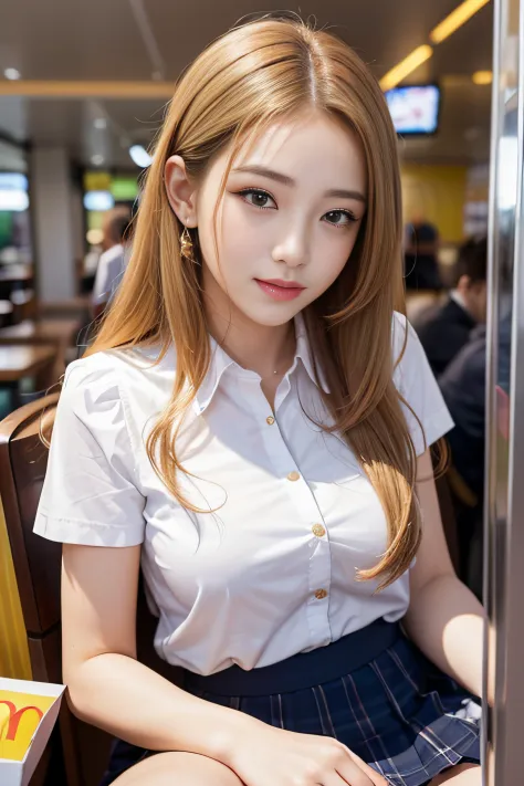1womanl、(Super beautiful)、(beauitful face)、A detailed face、(Take a seat at McDonald's)、with spreading legs、(high-school uniform)、(Wearing makeup)、(Golden head hair)