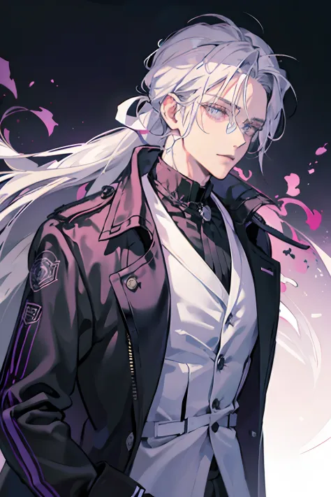 A man with long white hair tied up behind his head, and violet eyes. Wears a black trench coat with a white buttoned up shirt un...