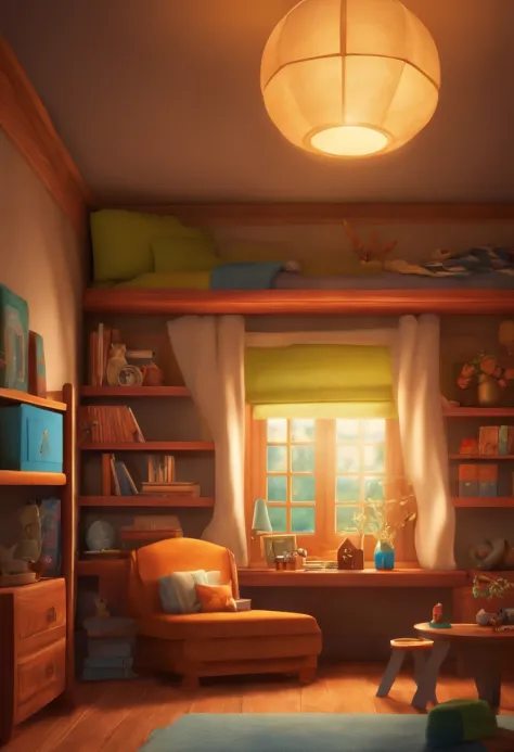 personagem dos desenhos animados,um menino de cabelo liso castanho,iluminado pela luz de seu quarto com uma estante de livros ao fundo com sua cama atras do menino,estilo pixar disney,alta qualidade