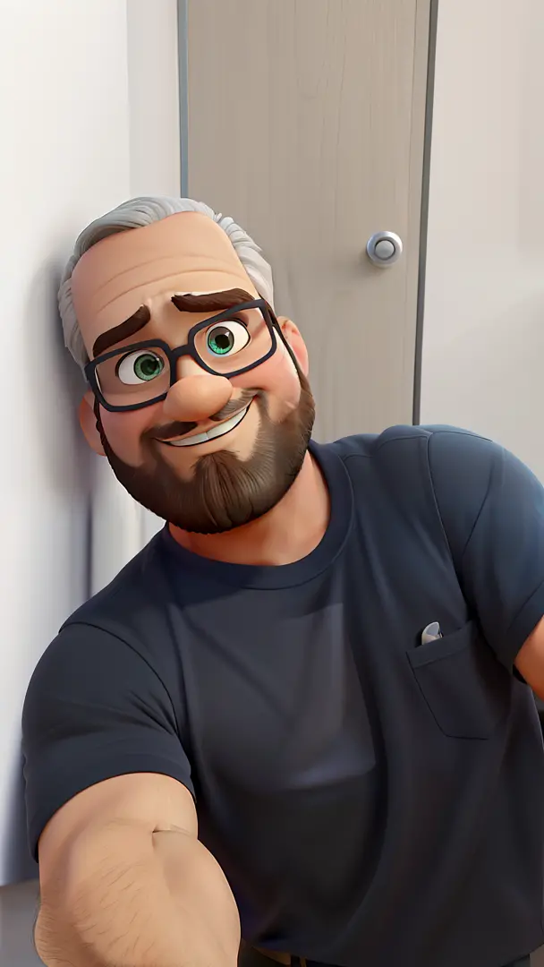 Poster no estilo Disney pixar, alta qualidade, melhor qualidade, homem sexy branco, 30 anos cabelo grisalho barba preta, musculoso, com fundo em um restaurante a luz de velas
