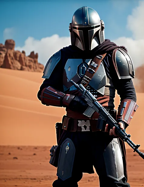 mandalorian on a distant desert planet, fighting a space monster, firing his pistol, in 4k, realistic, super detailed