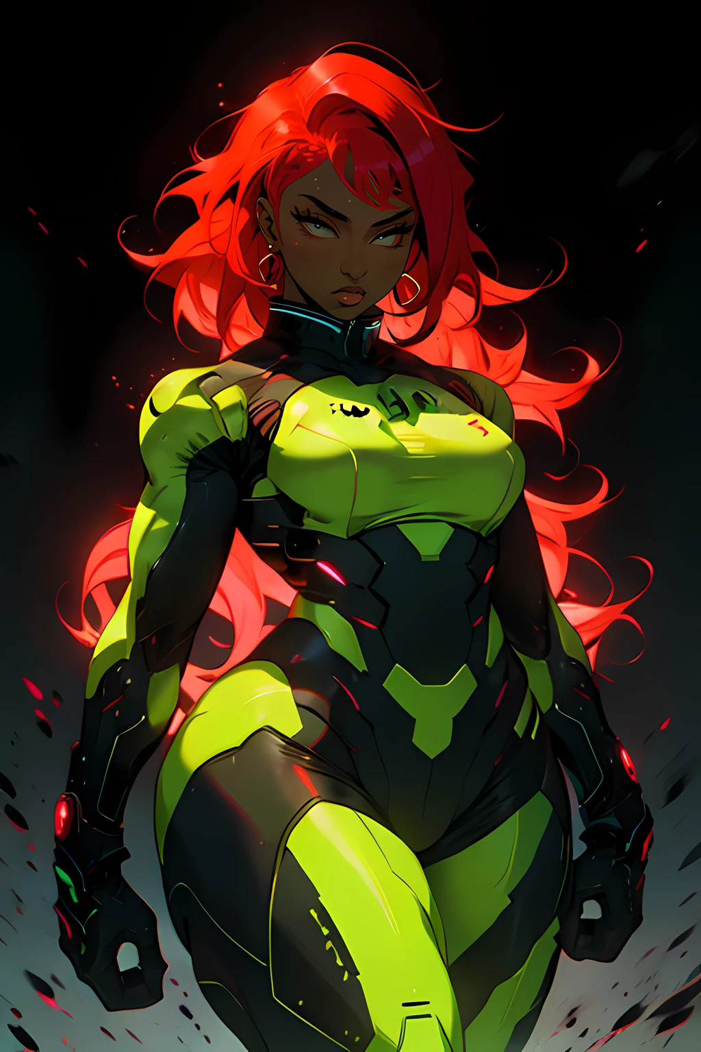 samus aran 1 girl solo dark skin red hair (dark atmosphere toned curvy)