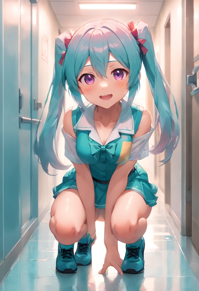 Hatsune Miku, buff, looking a viewer, toned , workout, Thigh muscles, muscle arm, Abs，(thin female, toned legs) Top quality, Masterpiece, High definition, Very detailed, 8K, One girl, Cute, anime perky breast, Crystal clear white skin, , Sensual, full body lesbian, Young, junior high school, , child, (The hair color is light pink), school hallway, Cute summer uniform, Hair lifted and fluffy, Miniskirt, Lift up the skirt, Crying loudly, Close both eyes, Scream, Awesome rage, high-angle, Crying, Looking up, Hands that kneel on the ground and cry, Front camera 8K, RAW photo, Best quality, masterpiece:1.2), high-definition RAW color photography, professional photoshooting, cow boy shot, (Realistic, photographrealistic:1.37), ((Best quality)), , Cinematic light, (finerly detailed face:1.2), (masterpiece:1.5), (Best quality:1.2), (dark mole:0.8), (Smiling:0.9), (view the viewer:1.2), breasts coming out of bra, Lace lingerie small breasts，No clothing, small breasts exposed cleavage，Get wet all over your body, breasts, neck bowtie, (Meticulous maid:1.2) is working，Sit or squat or lie down or lie on your side，long legs，Superbly detailed eyes，Delicate face，Long-haired thin women，Spread your legs apart，Negative nucleus，Thighs open，see-through transparent clothes，Lingerie transparent，Plenty of milky liquid，